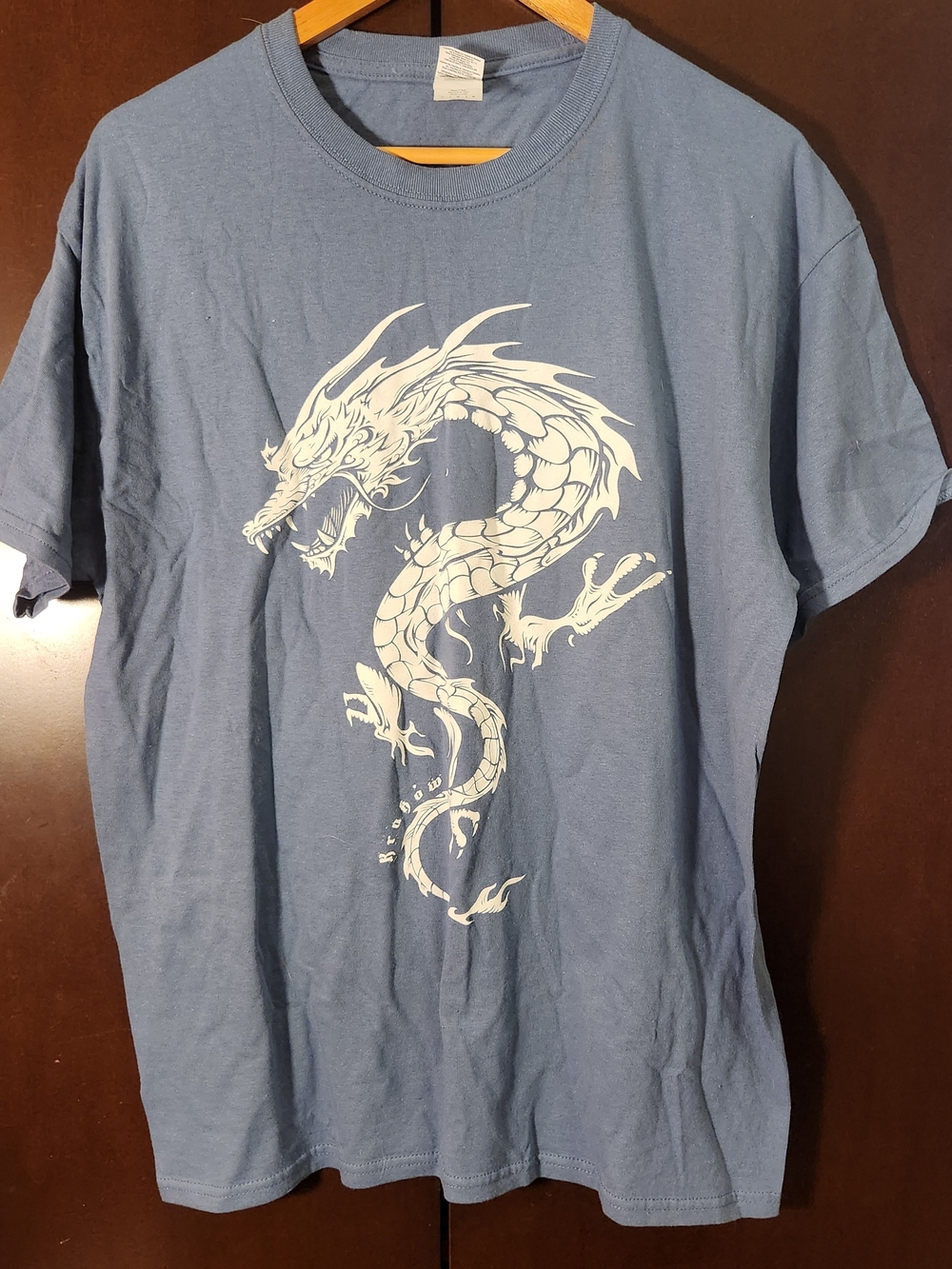 Gildan Blue Short Sleeve Tee with White Dragon Graphic
